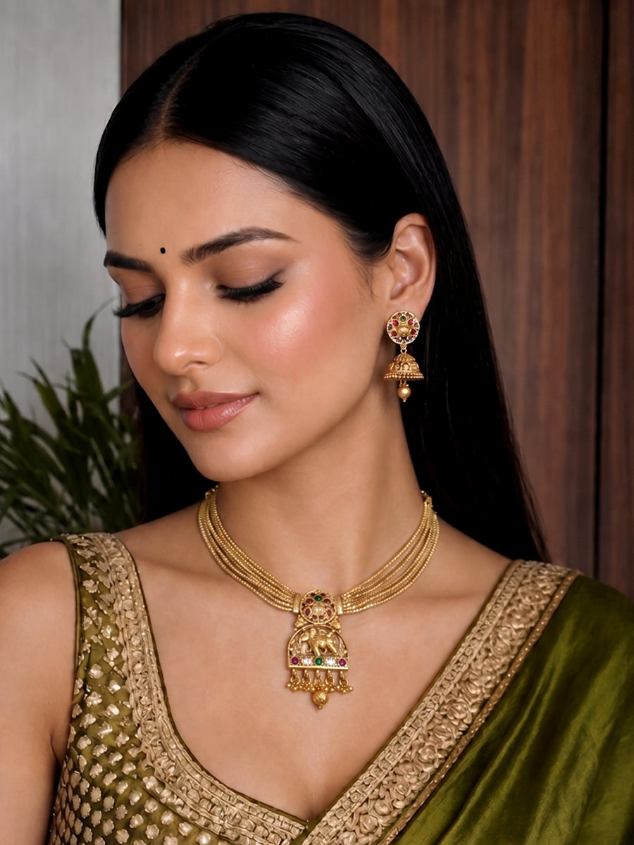 Vaibnavi Necklace Set Antique Temple Necklace Set with Divine Craftsmanship-Maroon / Green