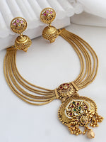 Kadmbari Bib Necklace Set Statement Necklace Set for Desi Wedding Guests-Maroon / Green