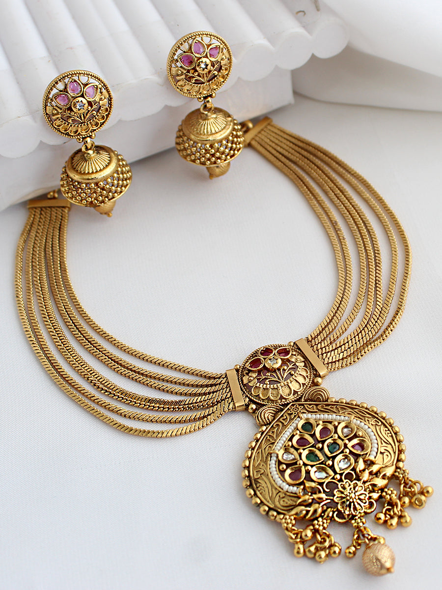 Kadmbari Bib Necklace Set Statement Necklace Set for Desi Wedding Guests-Maroon / Green