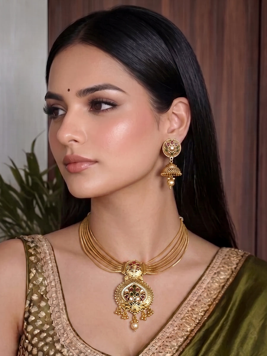 Kadmbari Bib Necklace Set Statement Necklace Set for Desi Wedding Guests-Maroon / Green