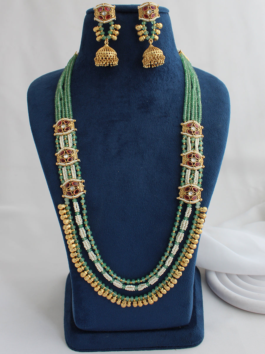 Urjita Long Necklace Set NRI Favorite Indian Necklace Set with Fast Delivery-Mint Green