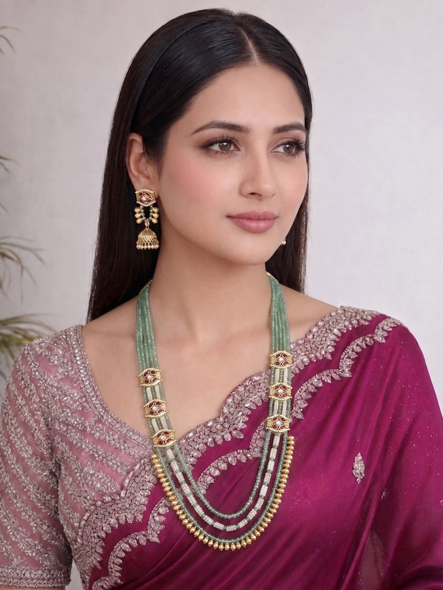 Urjita Long Necklace Set NRI Favorite Indian Necklace Set with Fast Delivery-Mint Green