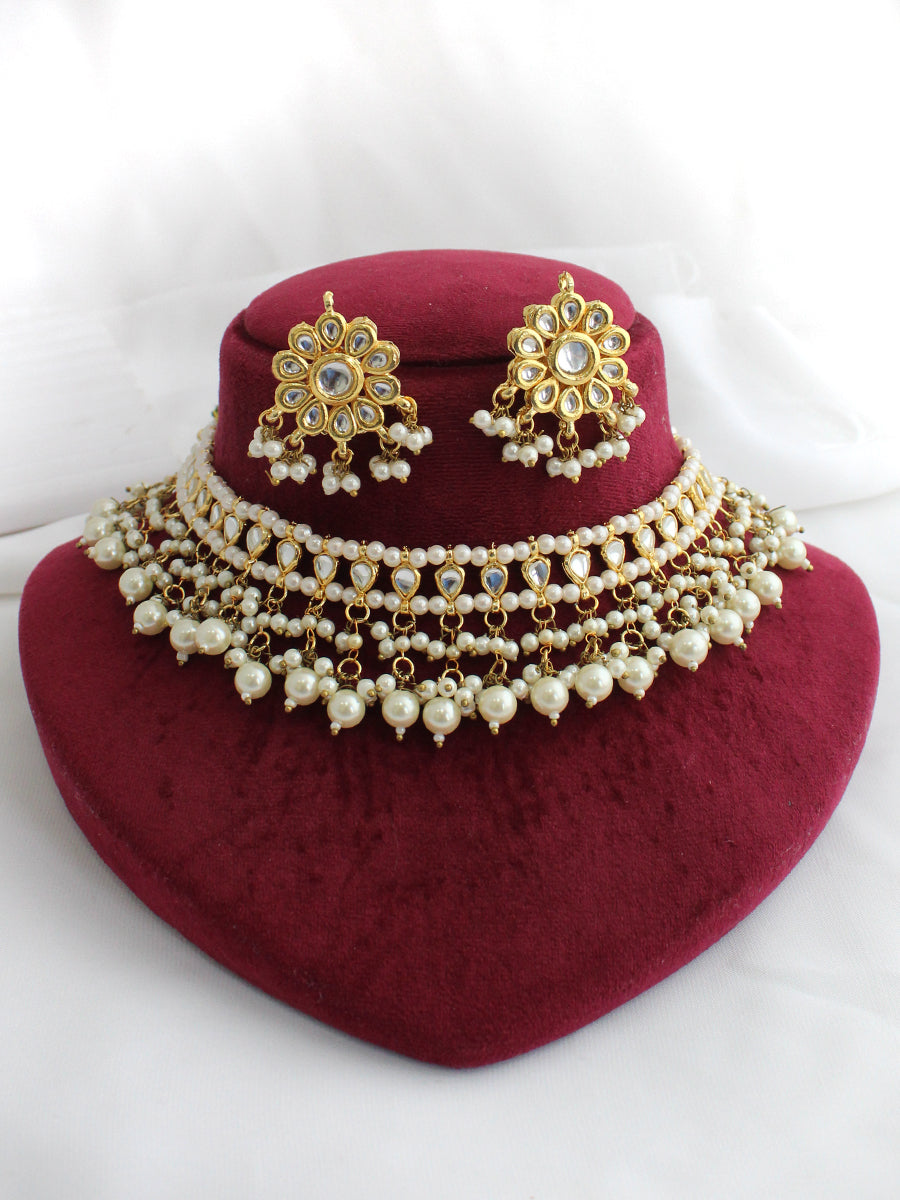 Malika Choker Necklace Set Desi Jewelry Necklace Set for Saree & Lehenga-Gold
