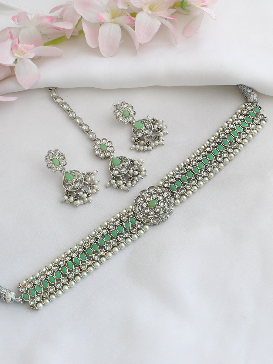 Revti Necklace Set-silver, mint green