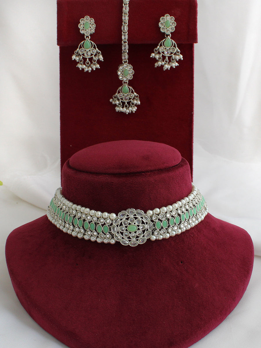 Revti Necklace Set-silver, mint green