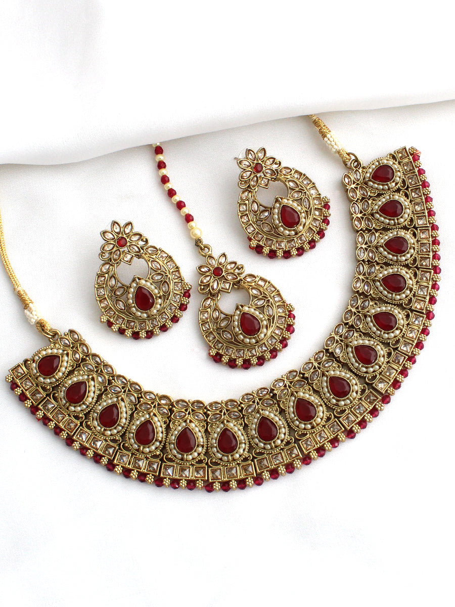 Ariba Necklace Set-Maroon