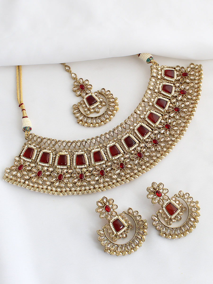 Meenaz Necklace Set-Maroon