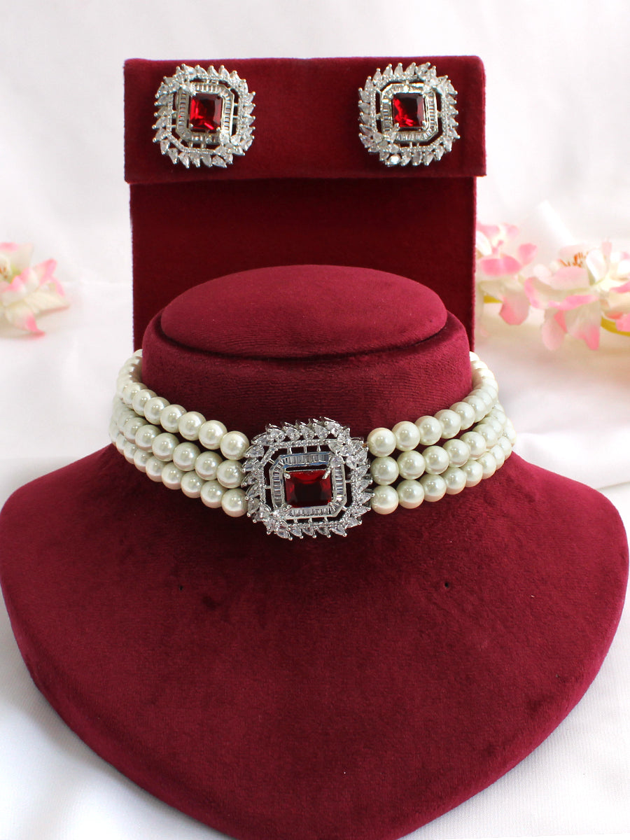 Aliza Choker Necklace Set-Maroon