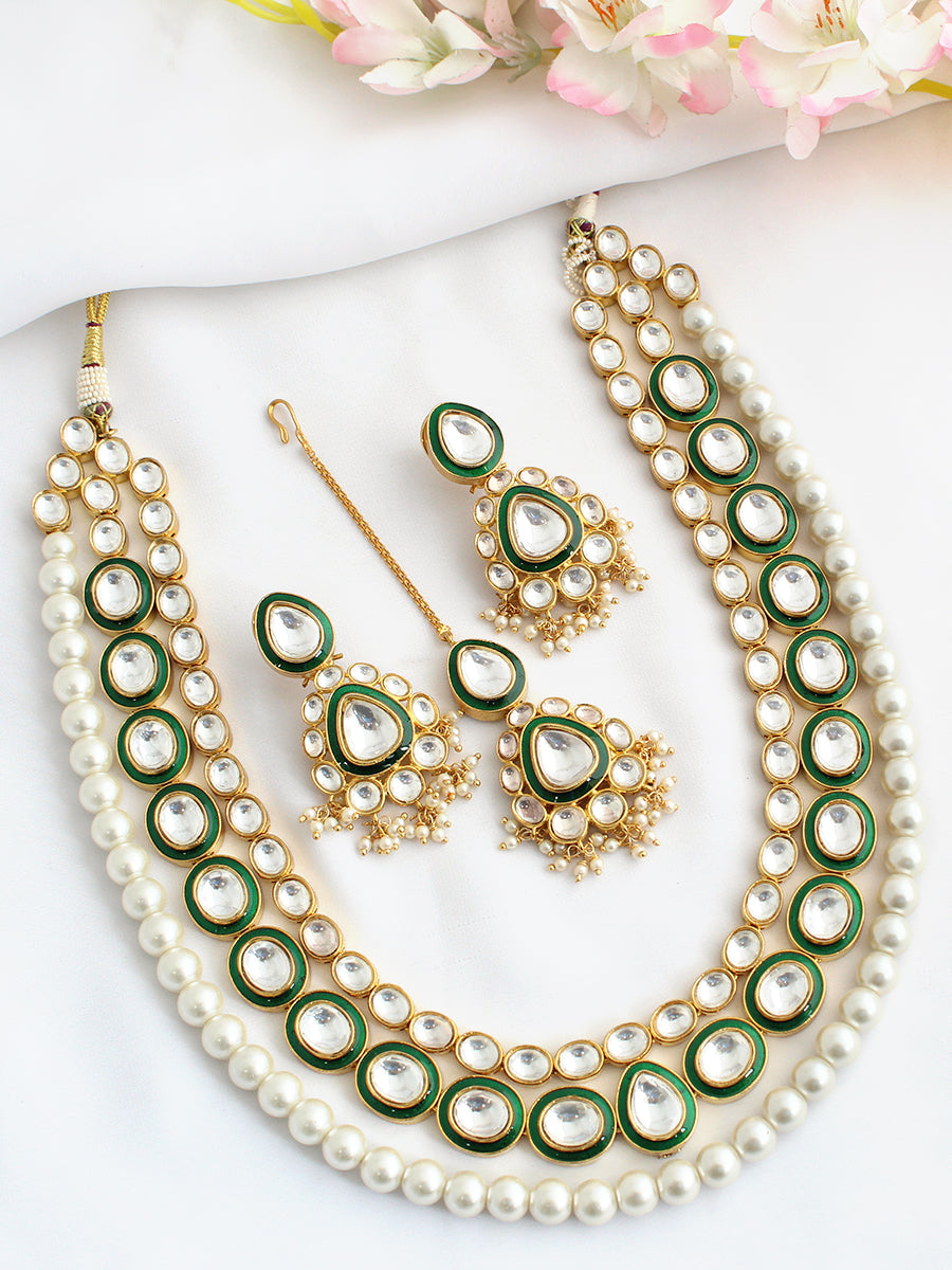 Lucknow Long Necklace Set-Pearl