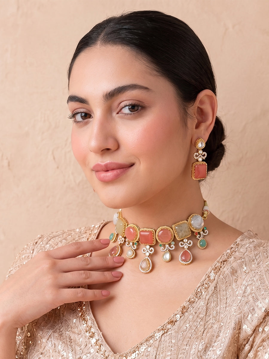Rhea Choker Necklace Set-Pink