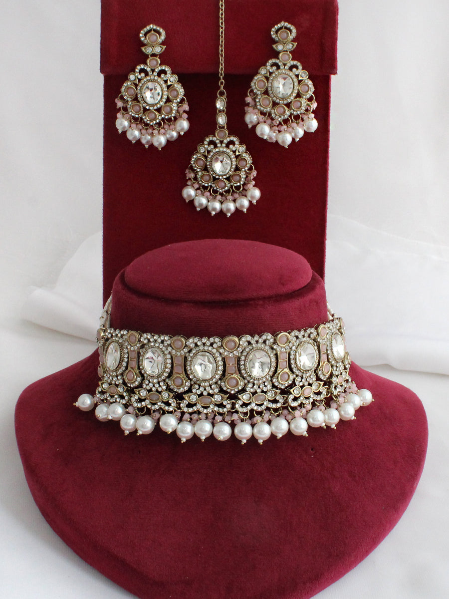 Miraya Choker Necklace Set -Pastel Pink