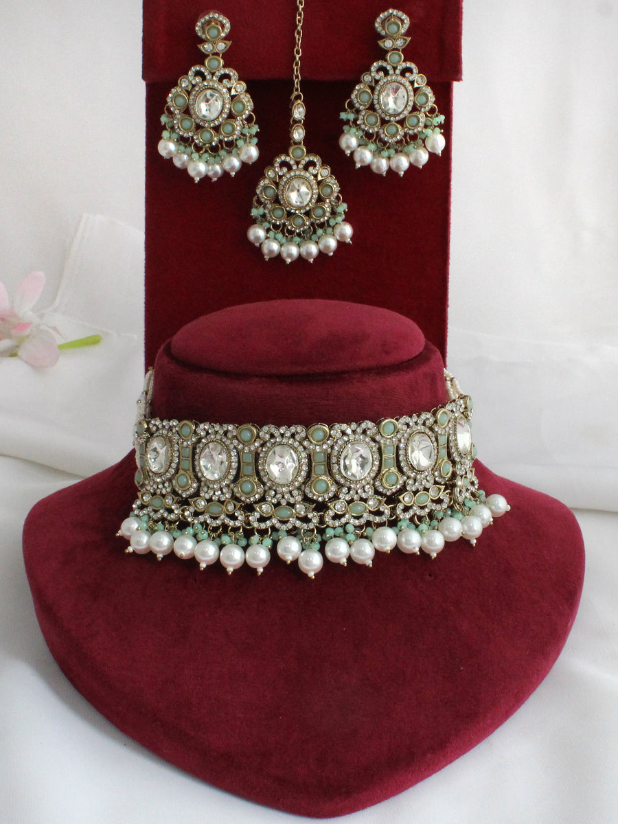 Miraya Choker Necklace Set -Mint Green