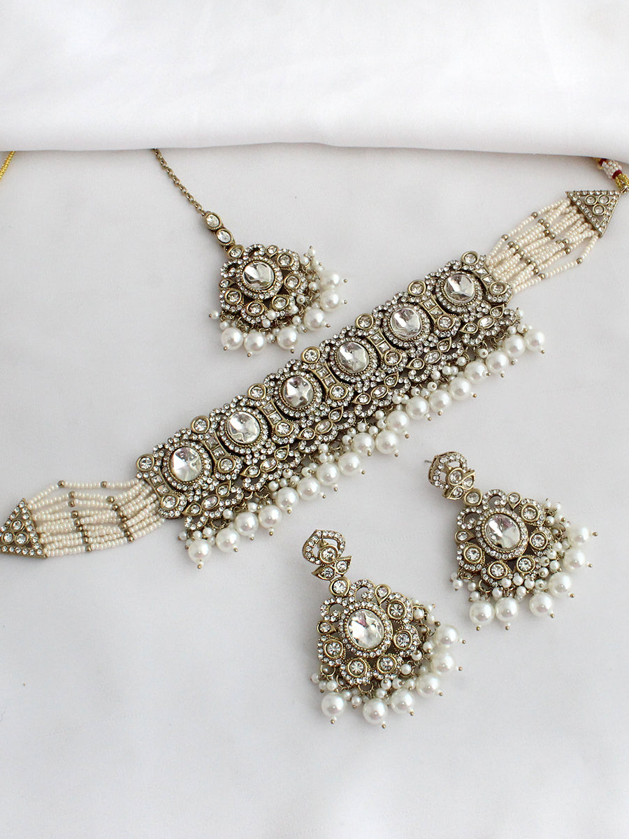 Miraya Choker Necklace Set-White