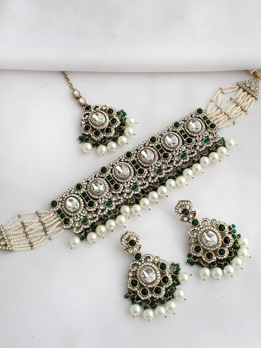 Miraya Choker Necklace Set-Green