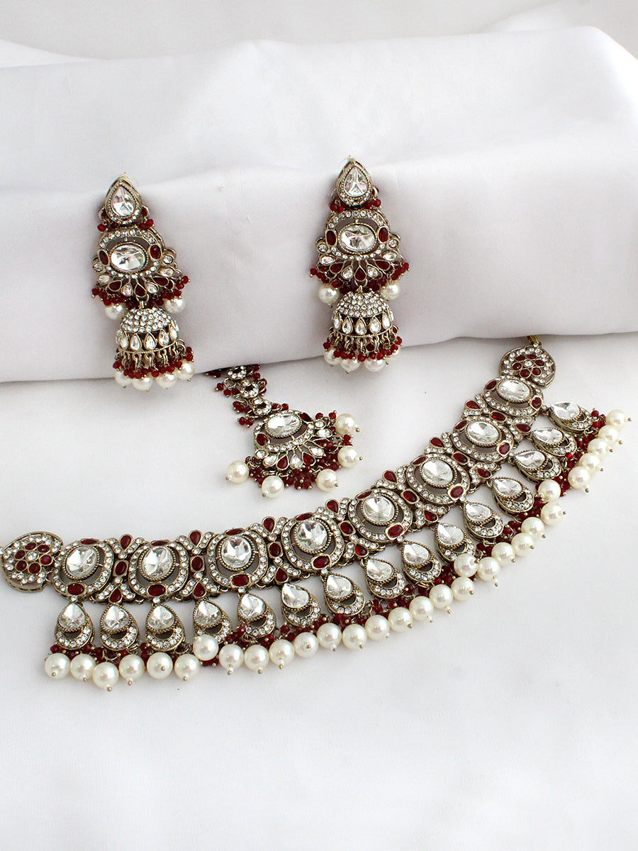 Eshal Choker Necklace Set-Maroon