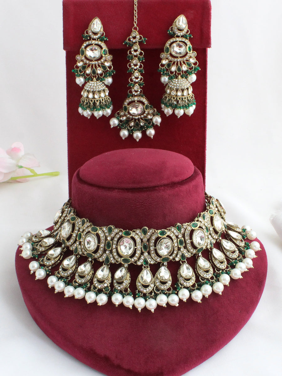 Eshal Choker Necklace Set-Green