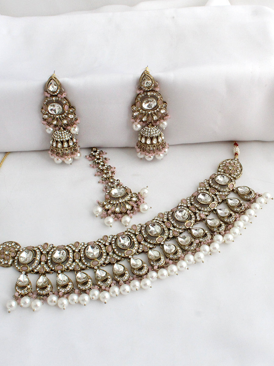 Eshal Choker Necklace Set-Pastel Pink