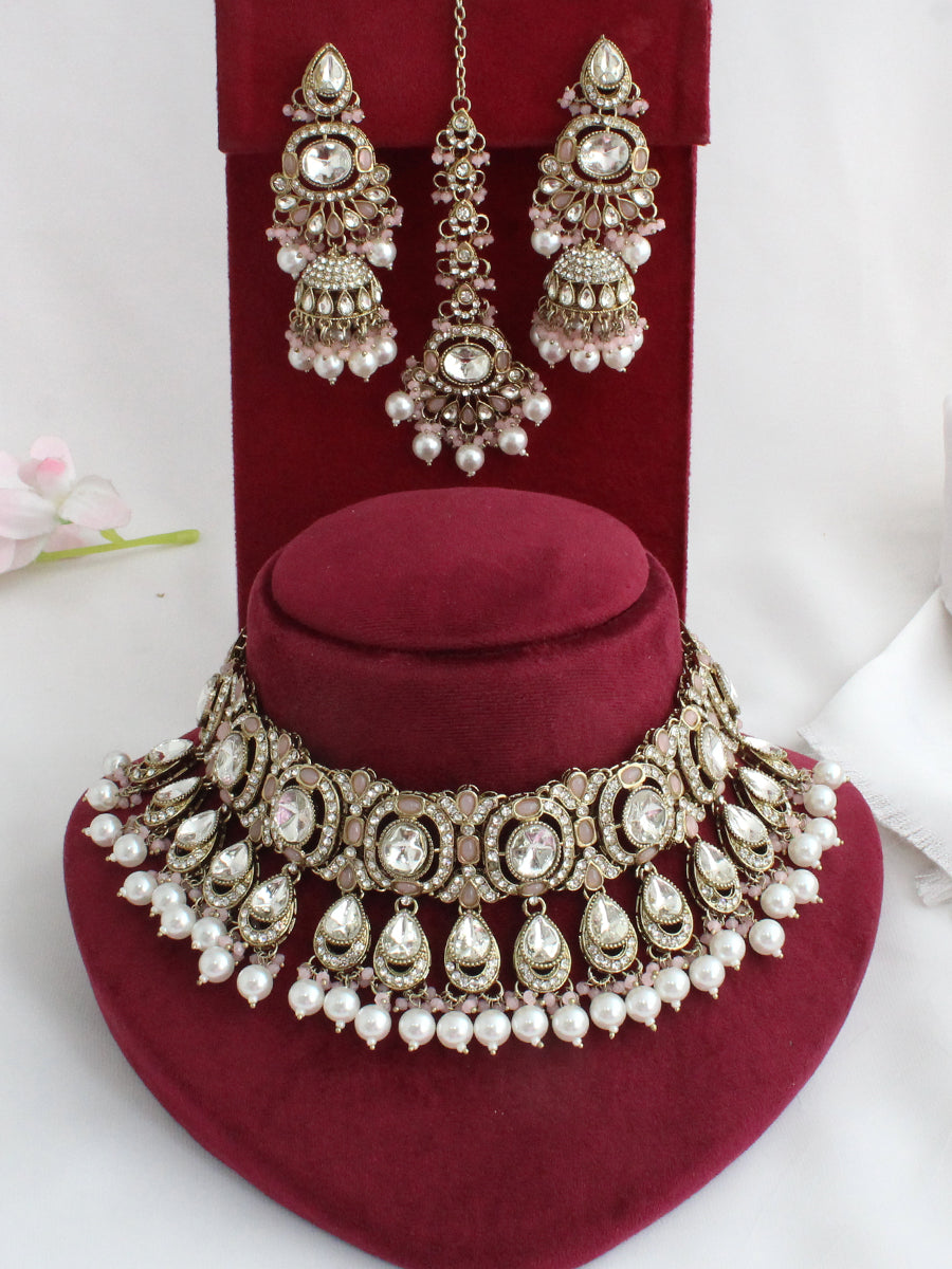 Eshal Choker Necklace Set-Pastel Pink