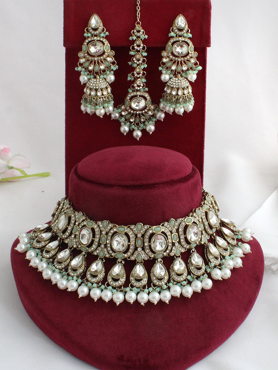 Eshal Choker Necklace Set-Mint Green