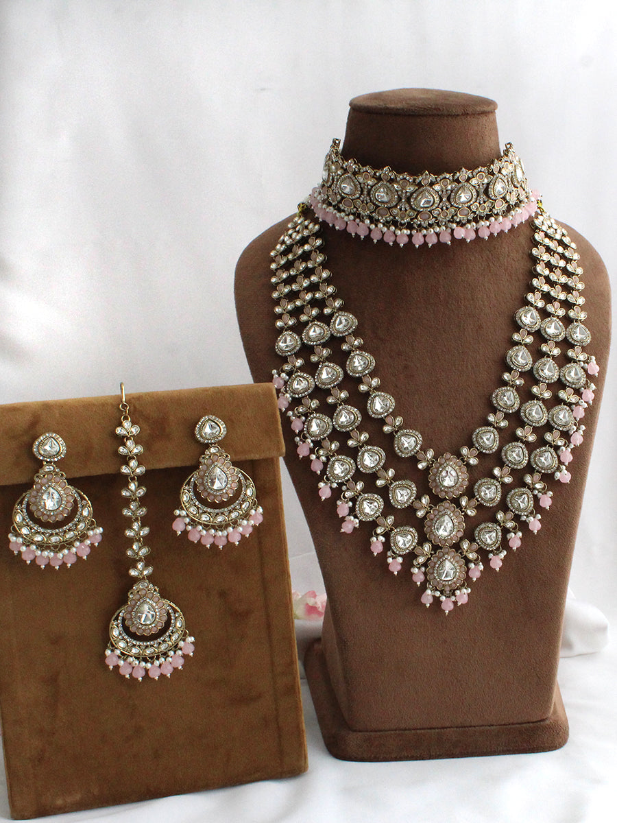 Sanvika Layered Necklace Set-Pastel Pink