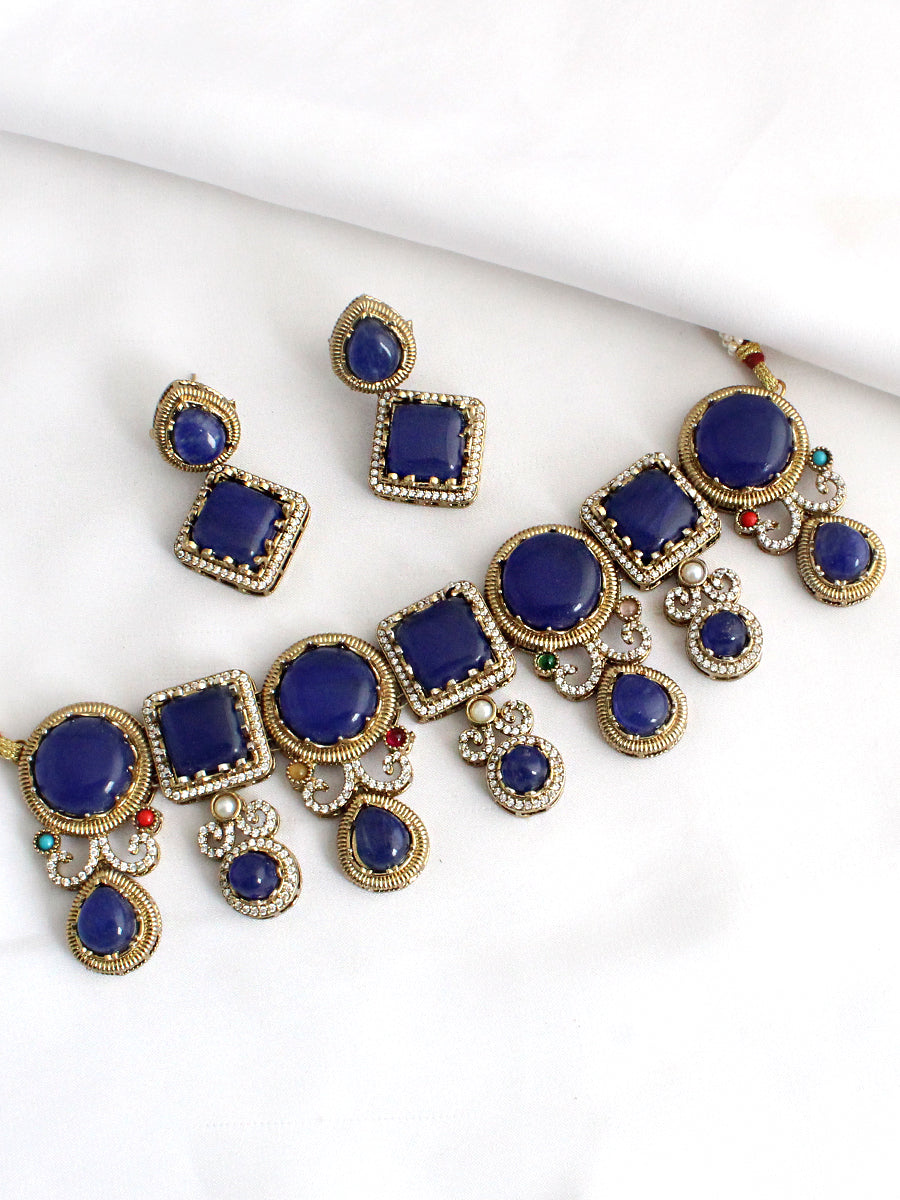 Rhea Choker Necklace Set-Blue