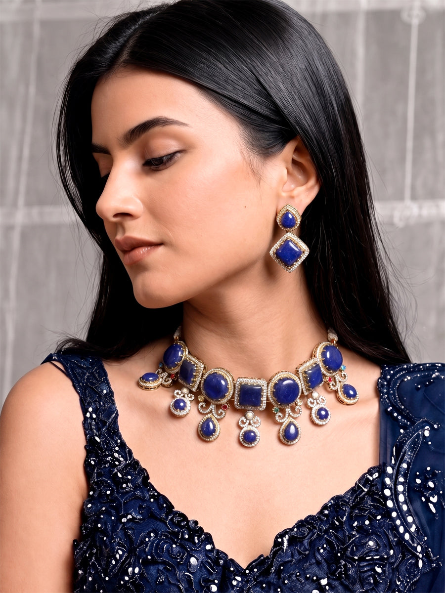 Rhea Choker Necklace Set-Blue