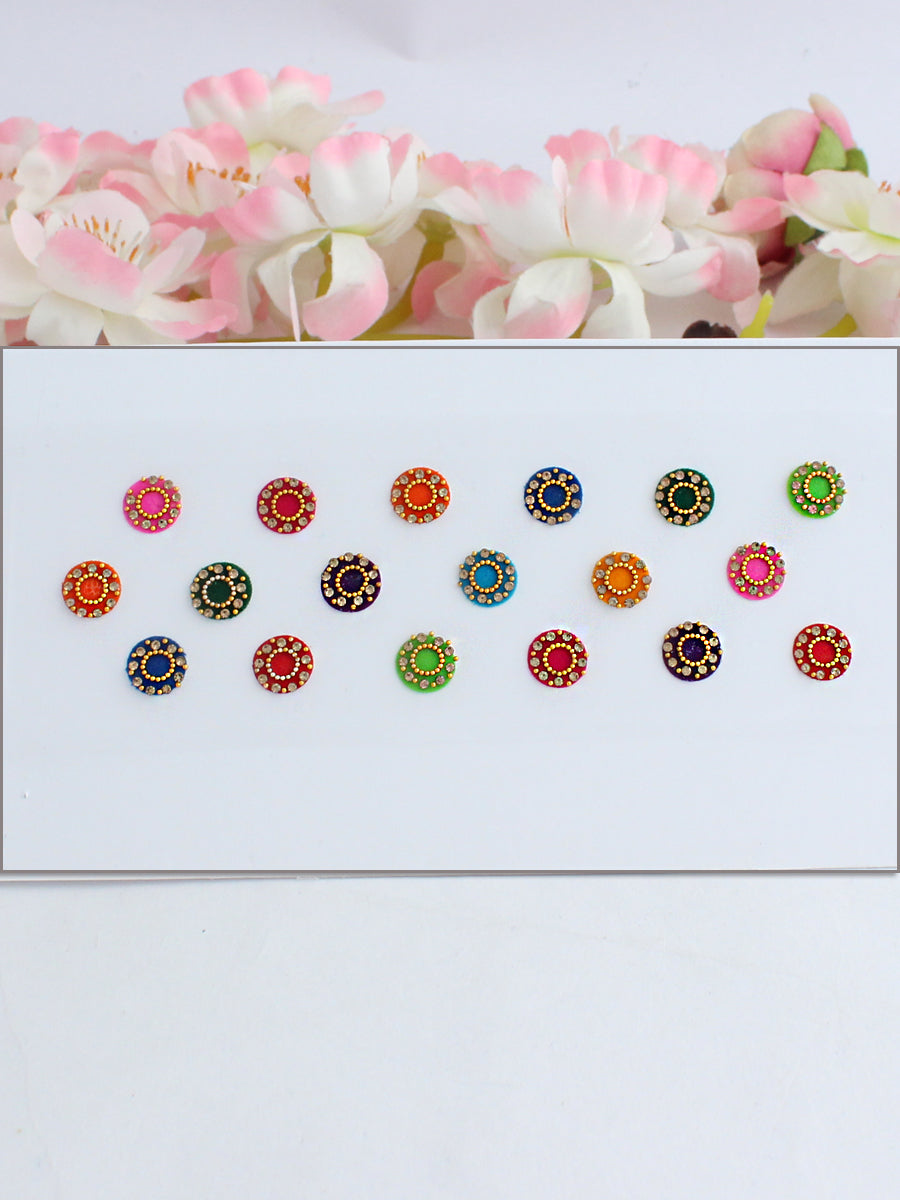 Round shape Multi Color Stone Border Bindi Card Ready-to-Ship Bridal & Party Wear Bindis