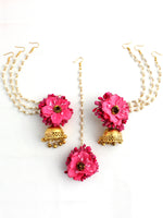 Akansha Floral Earrings & Tikka - Hot Pink